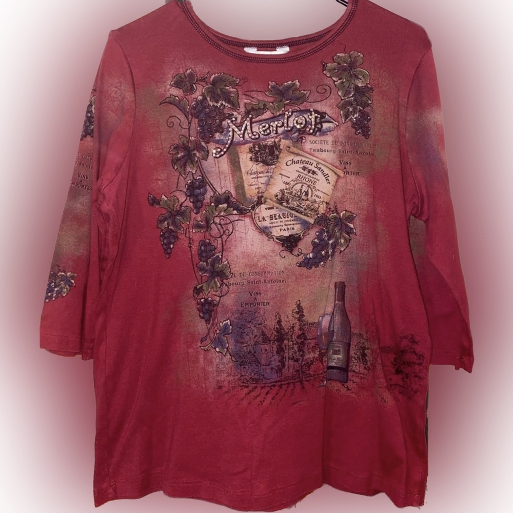 Vintage Christopher & Banks Womens Burgundy Graphic Merlot Wine T-shirt large